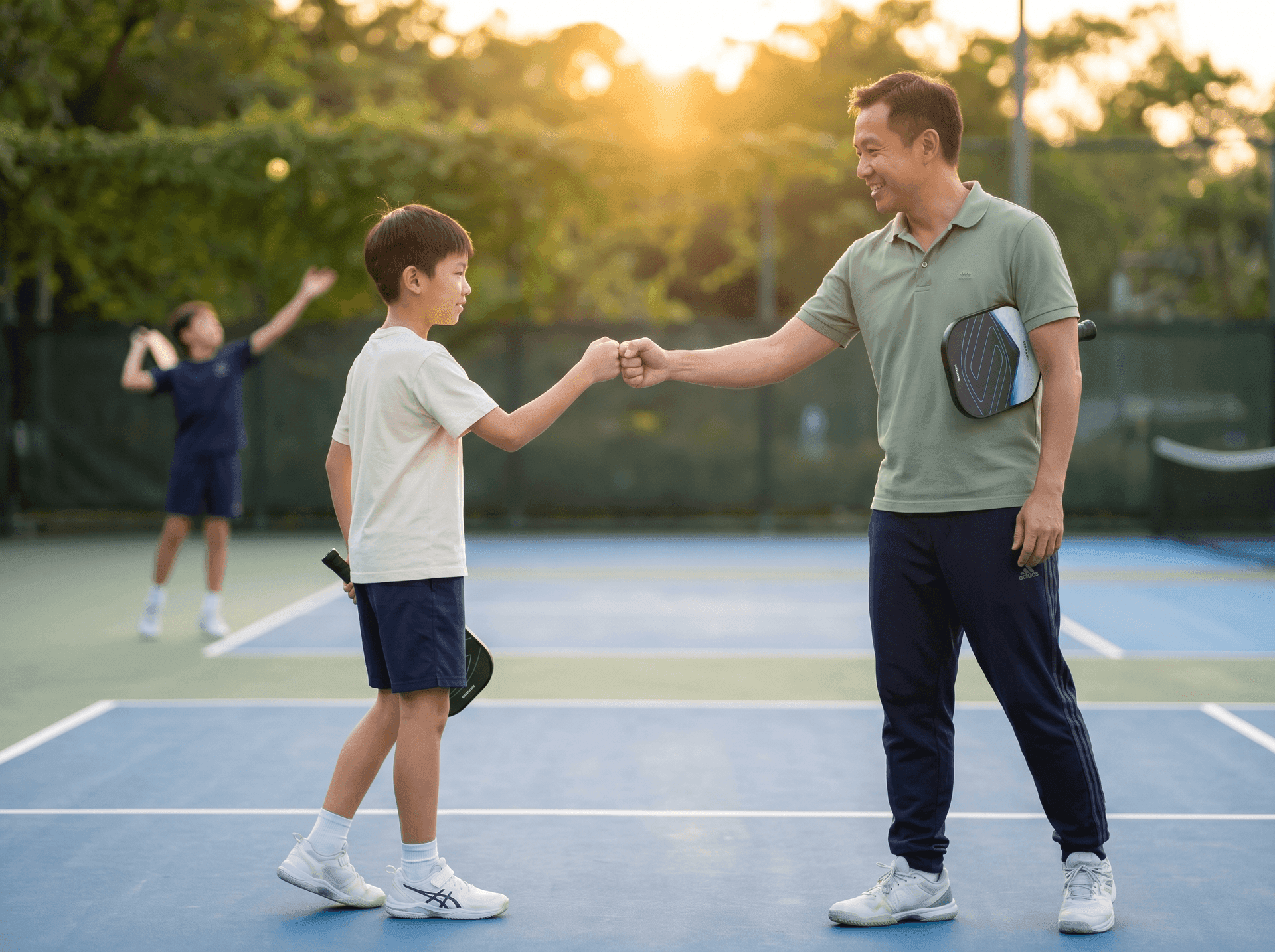 Kid bumping fists with a coach between points