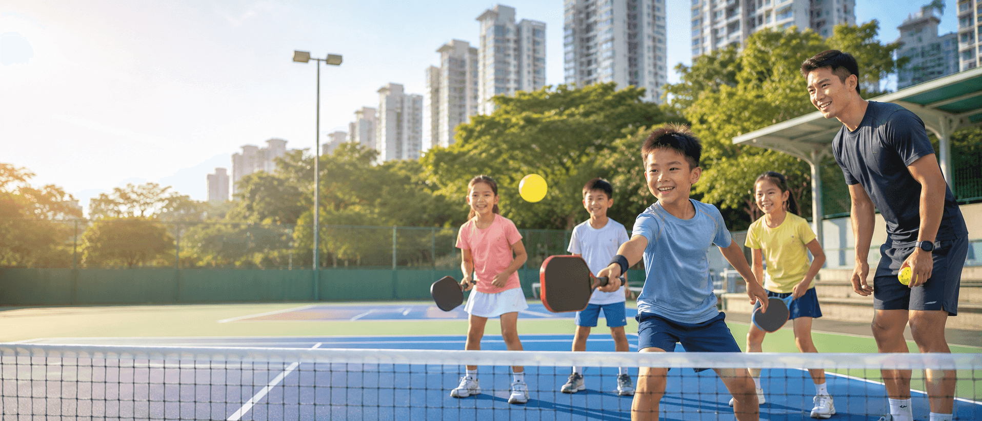 Kids practicing pickleball on a Hong Kong court