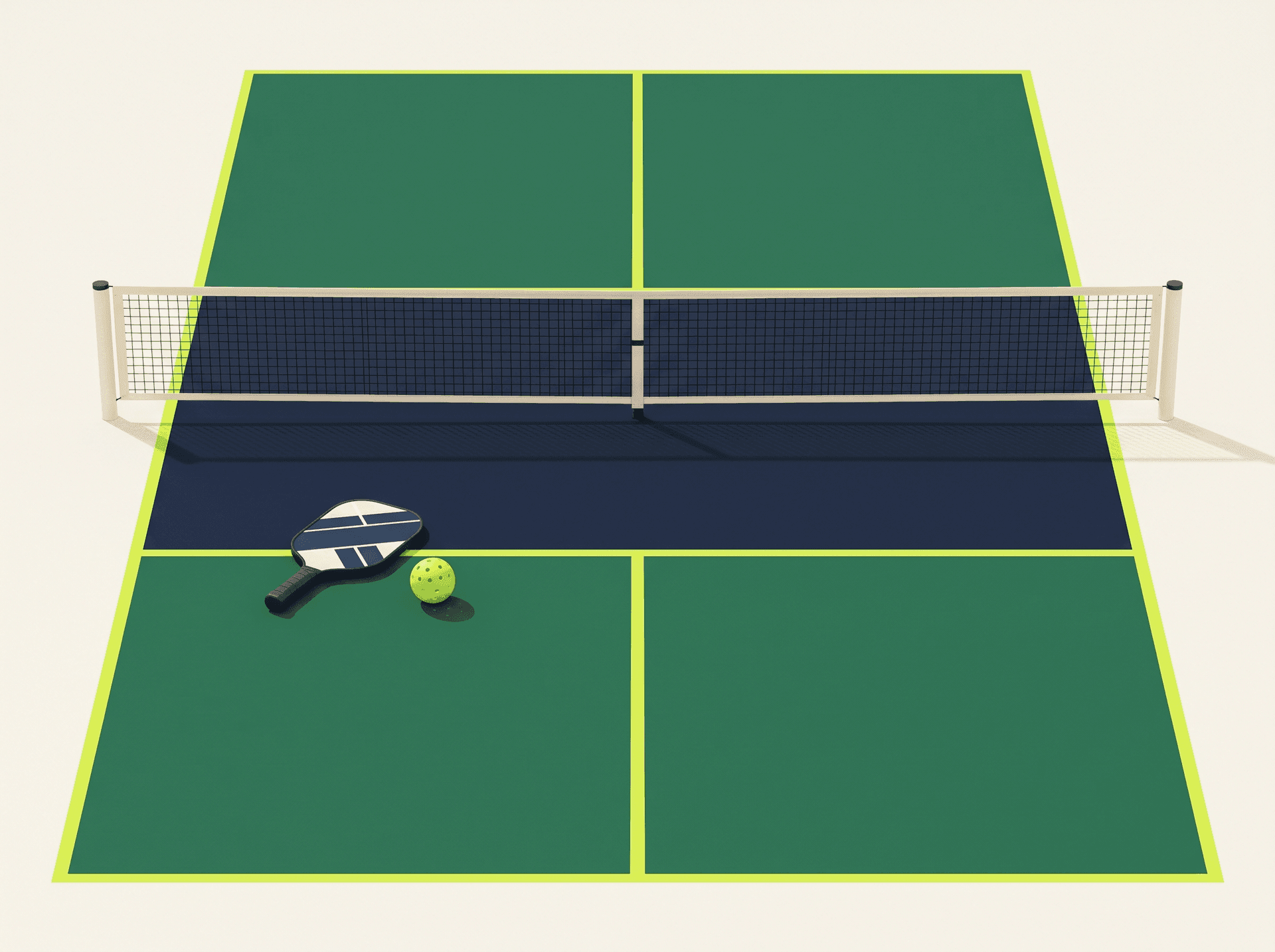 A coaching chalkboard with a hand-drawn pickleball court diagram, a yellow arrow tracing a diagonal serve, and a chalky highlight on the non-volley zone.