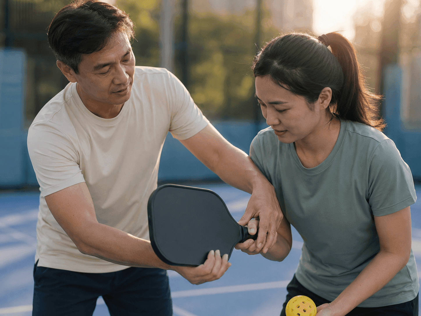 Coach guiding a beginner's paddle grip hand-over-hand
