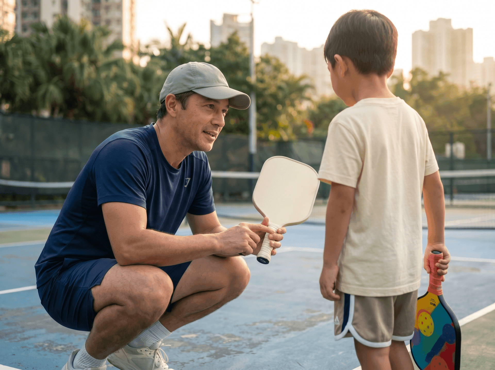 Coach crouching next to a child explaining paddle grip