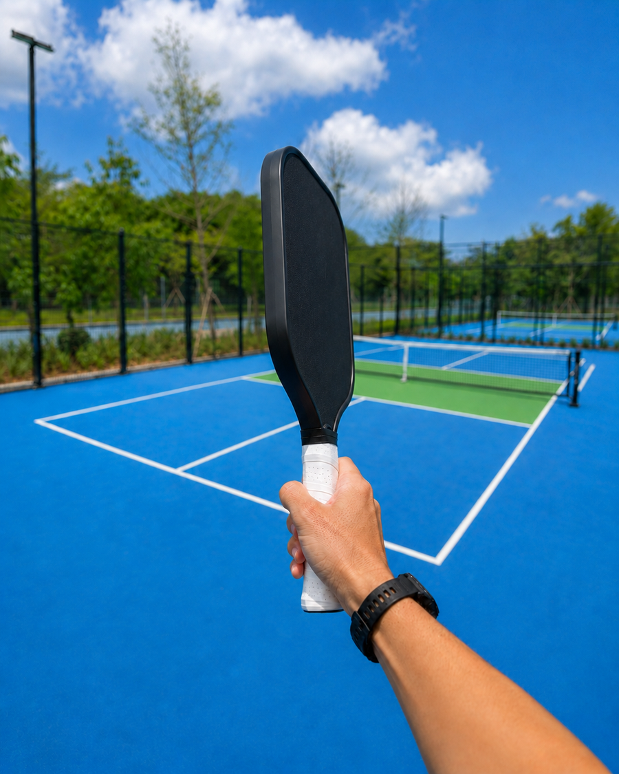 A hand holding a pickleball paddle at a slight angle with the Eastern grip, the paddle face partly visible.