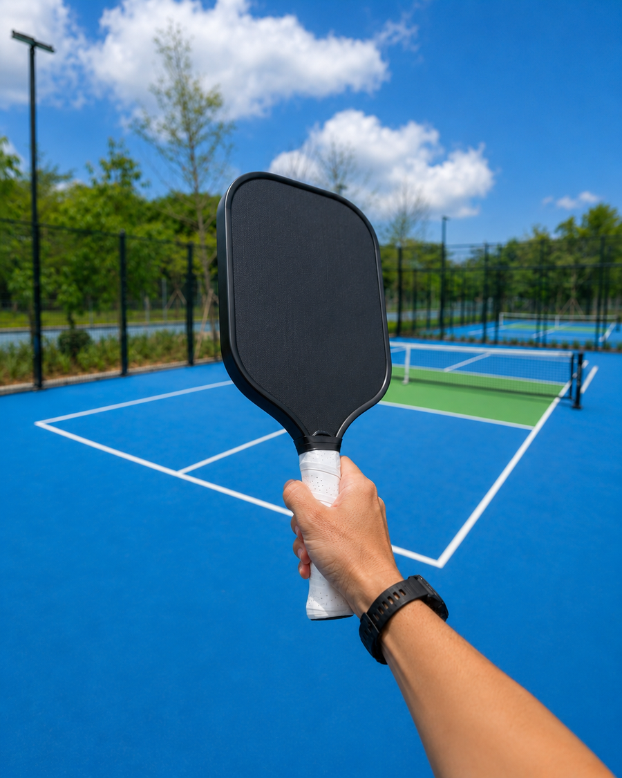 A hand holding a pickleball paddle face-on with the Western grip, the full paddle face pointing forward.